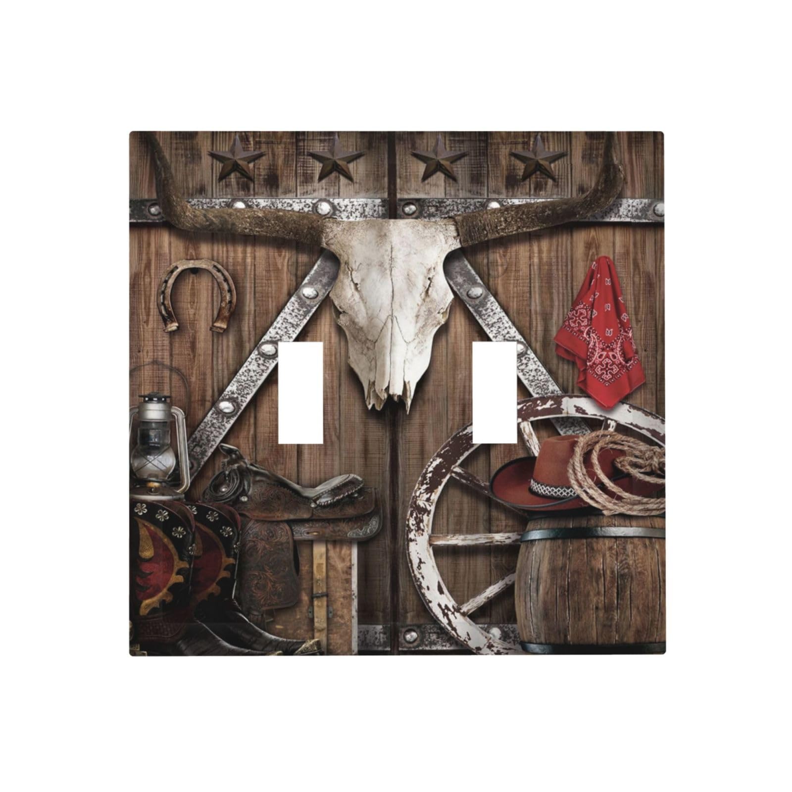 Xuejiaku Western Wooden Garage Barn Door Bullhead Double Toggle Light Switch Covers 2 Gang Wall Plate Dual Decorative Switchplate Electrical Faceplate for Farmhouse Country Bedroom Decor - WoodArtSupply