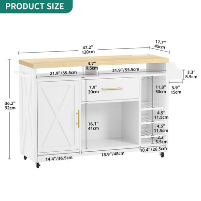 YITAHOME 53 Inch Mobile Kitchen Island with Power Outlet, Wine Rack, and Spice Storage in White & Oak