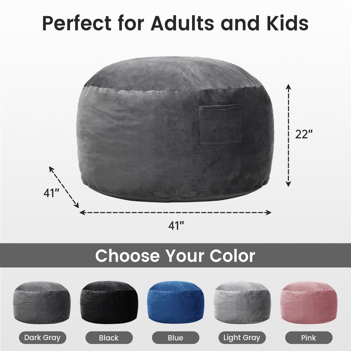 Kromax Large 3.5’ Bean Bag Chair for Kids, Teens, Adults, Memory Foam, Easy to Clean Washable Soft Suede Cover, Reinforced Zipper, Perfect for Living Room, Den, Bedroom, or Dorm, Dark Grey Kromax