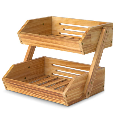 Merysen 2 Tier Wooden Fruit Basket For Kitchen, Bread Vegetable Fruit Basket Bowl Stand, Farmhouse Fruit Bowl for Countertop, Large