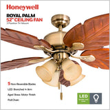 Honeywell Ceiling Fans Royal Palm, 52 Inch Tropical LED Ceiling Fan with Light, Pull Chain, Three Mounting Options, Hand Carved Solid Wood Blades - Model 50504-01 (Aged Brass) Honeywell Ceiling Fans