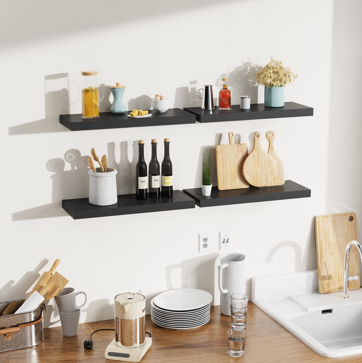 Bellsal Floating Shelves for Wall, Black Engineered Wood Wall Shelf Set of 4, 16" Wall Mounted Floating Shelf for Kitchen, Living Room, Bedroom, Bathroom Storage, Book Shelf for Home Decor Bellsal