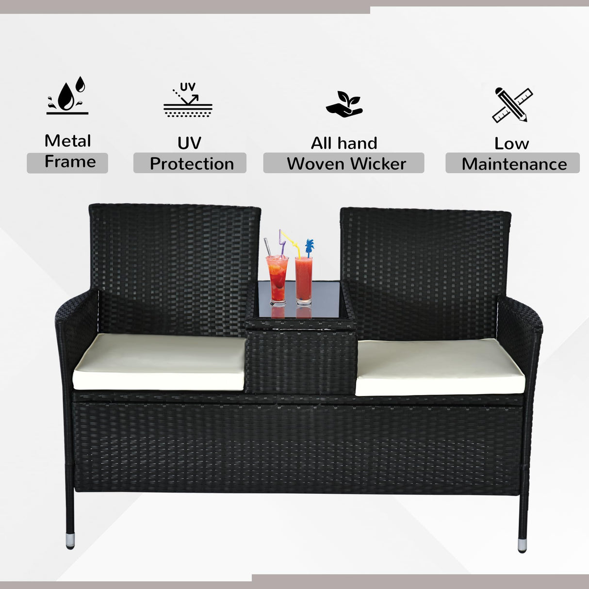 Outsunny Outdoor Patio Loveseat Conversation Furniture Set, Cushions & Built-in Coffee Table, Small 2-in-1 2 Person Seating for Front Porch, Balcony, Black Outsunny