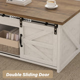 REVOMINCA Farmhouse Lift Top Coffee Table, 48" Large Coffee Table for Living Room, Wood Center Table with Hidden Storage Compartment and Sliding Barn Doors, White REVOMINCA
