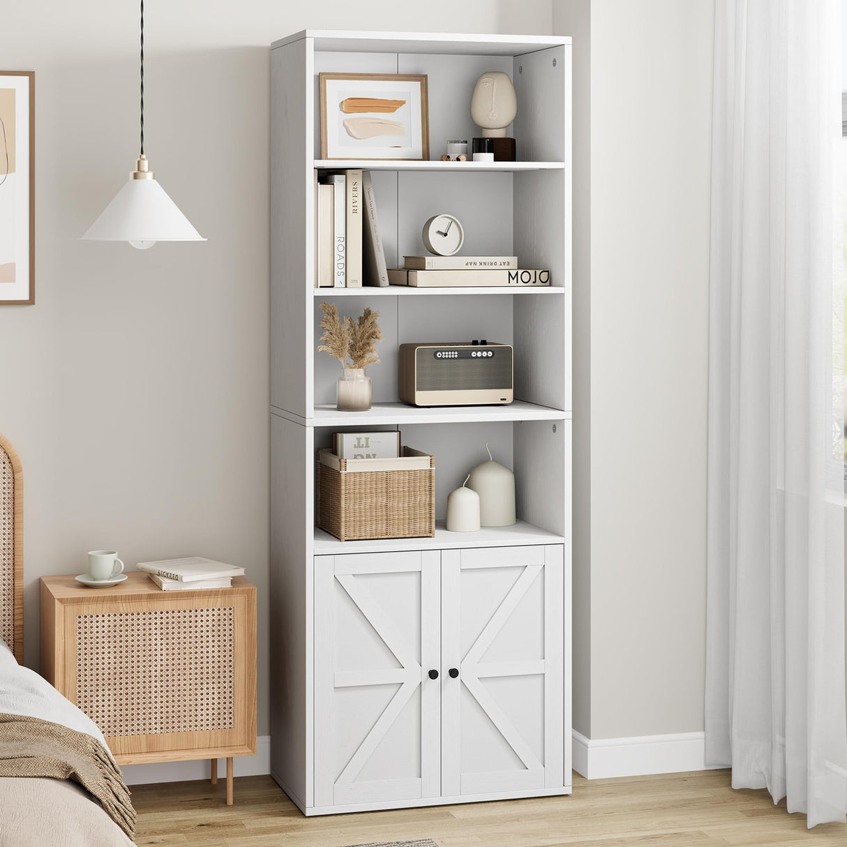 GAOMON Farmhouse 71.4in Tall Bookshelf with Doors - Multi-Functional Wooden Storage Display with 6 Shelves in Grey GAOMON