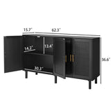 Finnhomy 4 Door Sideboard Buffet Cabinet, Kitchen Storage Cabinet with Black Painted Rattan Decorated Doors, Cupboard Console Table, Boho Accent Liquor Cabinet, 62.3X 15.7X 34.6 Inches, Full Black Finnhomy