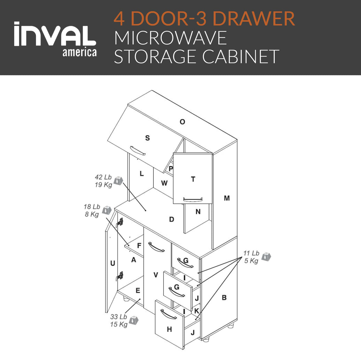 Inval, 71" H x 23.6" W x 17.1" D, White Kitchen Microwave Storage Cabinet with 3 Drawers, Kitchenette Standing Pantry Inval