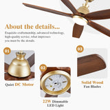 52 Inch Outdoor Ceiling Fans for Patios with Light, Large Airflow Ceiling Fan Indoor Exterior Ceiling Fan Damp Rated, Rustic Wood Ceiling Fan Gold for House Porch Gazebo Commercial, Quiet DC Motor YZEENM