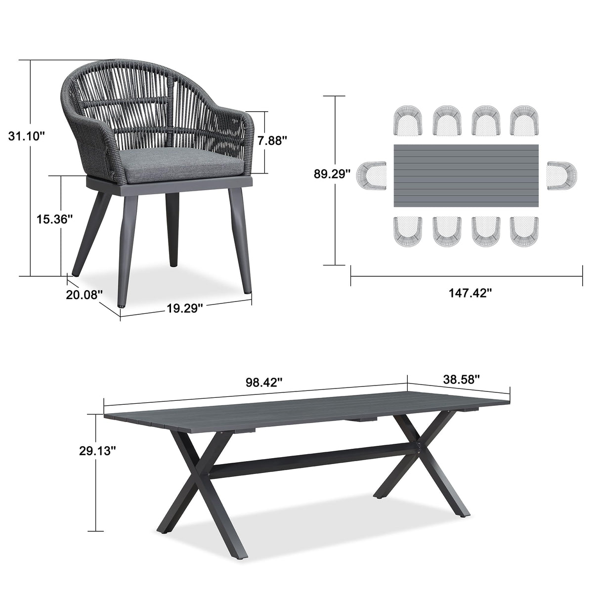 PURPLE LEAF 11 Pieces Patio Dining Set with Outdoor Aluminium Dining Table and Woven Rattan Chairs Modern Metal Furniture Cushions Sets for Garden Yard Indoor Decor Kitchen Grey PURPLE LEAF