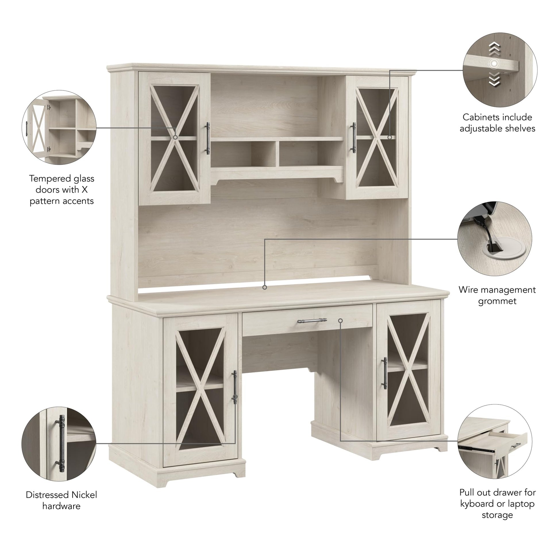 Bush Furniture Lennox Farmhouse Desk with Hutch and Keyboard Tray | Computer Table for Home Office, 60W, Linen White Oak - WoodArtSupply