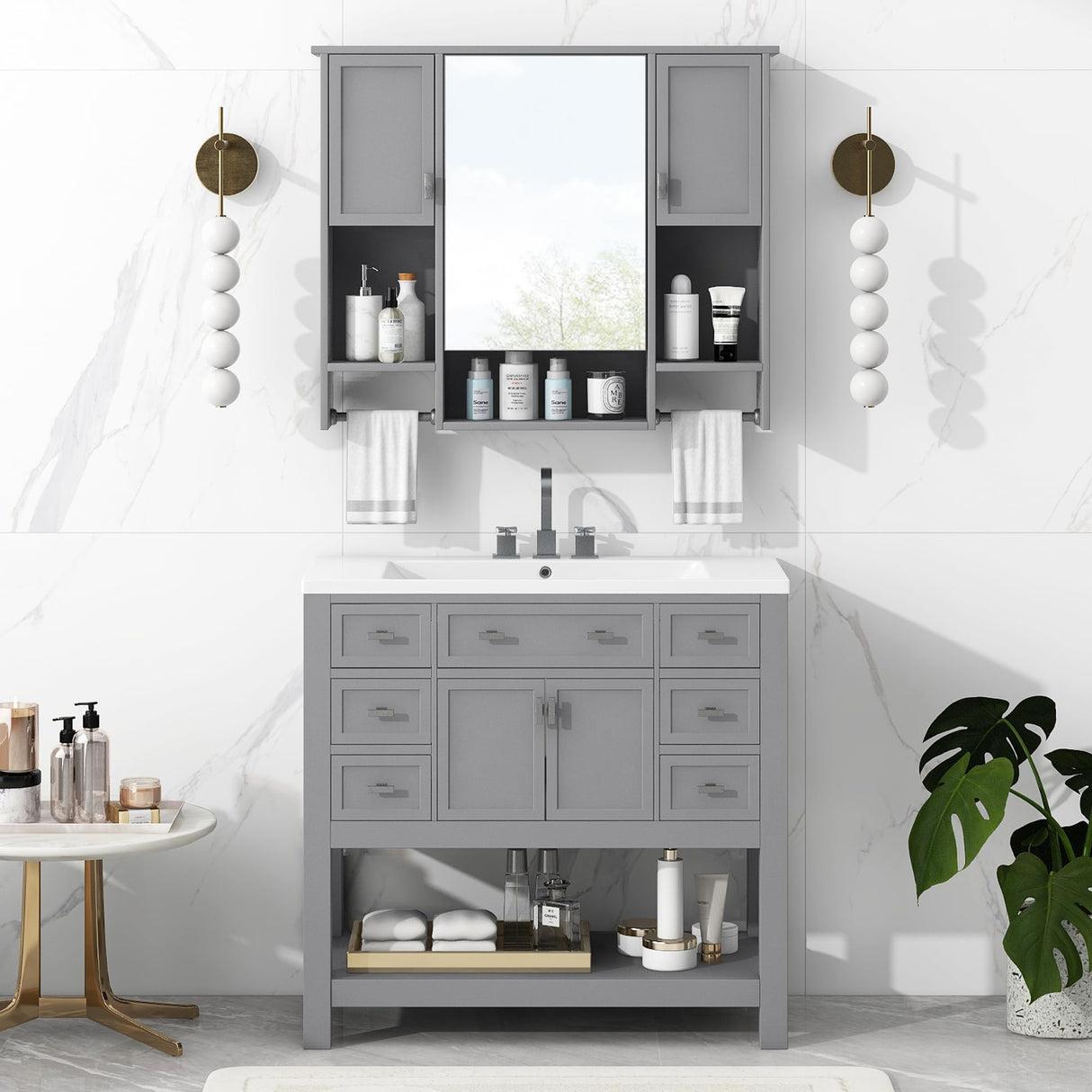 Virubi Bathroom Medicine Cabinet, Wall Mounted Bathroom Storage Cabinet with Mirror, Open Shelf, Side Cabinet and Towel Bar, Over The Toilet Mirrored Cabinet, 35" W x 28.7" H Virubi