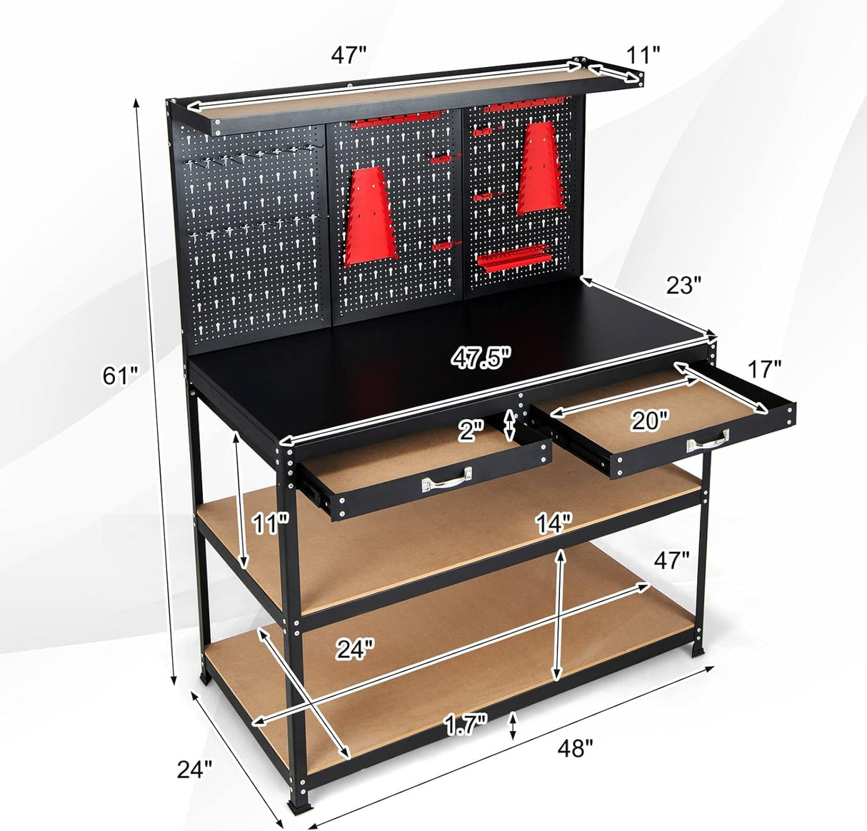ERGOMASTER 48”x24” Garage Work Bench, Heavy Duty Work Table with Drawers, Pegboard, 965LBS Capacity, 25 Hanging Accessories Metal Tool Bench for Garage, Warehouse ERGOMASTER