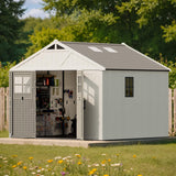 Patiowell 10x10 FT Outdoor Storage Shed, Plastic Shed with Floor and Skylight, Four-Window Resin Storage Shed with Lockable Door for Garden, Patio, Backyard, Beige Patiowell