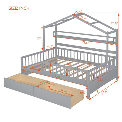 DEINPPA Whimsical House Bed Frame with Drawers and Shelf for Kids – Grey - WoodArtSupply