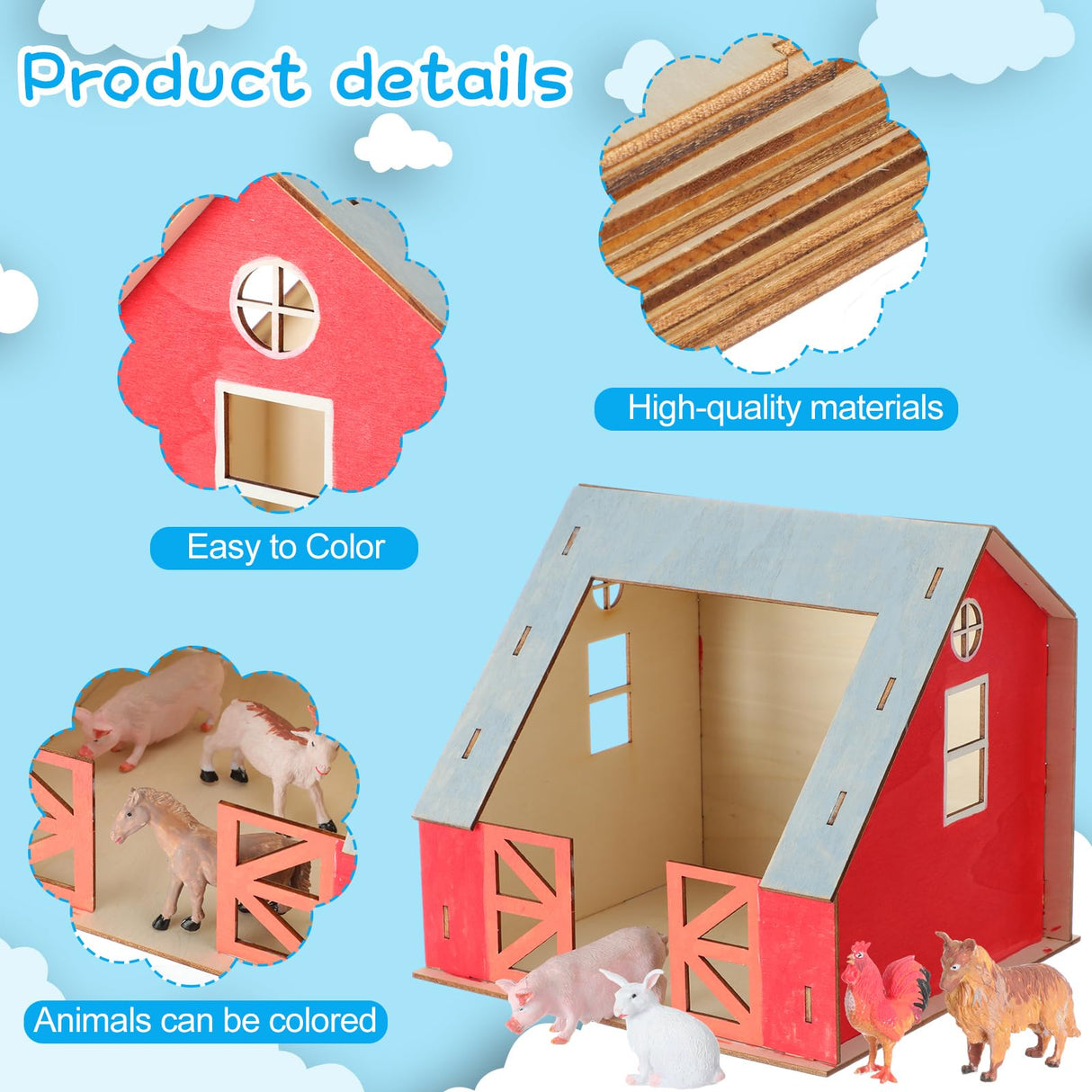 DoubleFill 4 Set DIY Wooden Barn Craft Kits for Kids Party Favors Farm Animals House Toys Large Wooden Barn with Animal Play Figures Horses Stablemates Paint Easter Birthday Gifts for Toddler DoubleFill