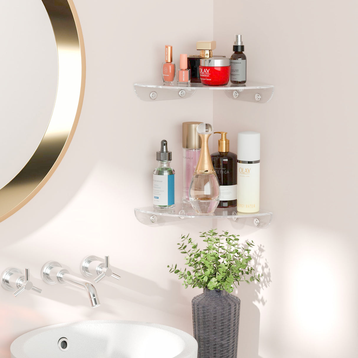 Sezanrpt 7x7 Inch Corner Shelf Wall Mount Set of 2, Acrylic Corner Floating Shelves, Clear Corner Wall Organizer Shelf for Bathroom, Kitchen, Bedroom, Living Room, Dining Room, Office Sezanrpt