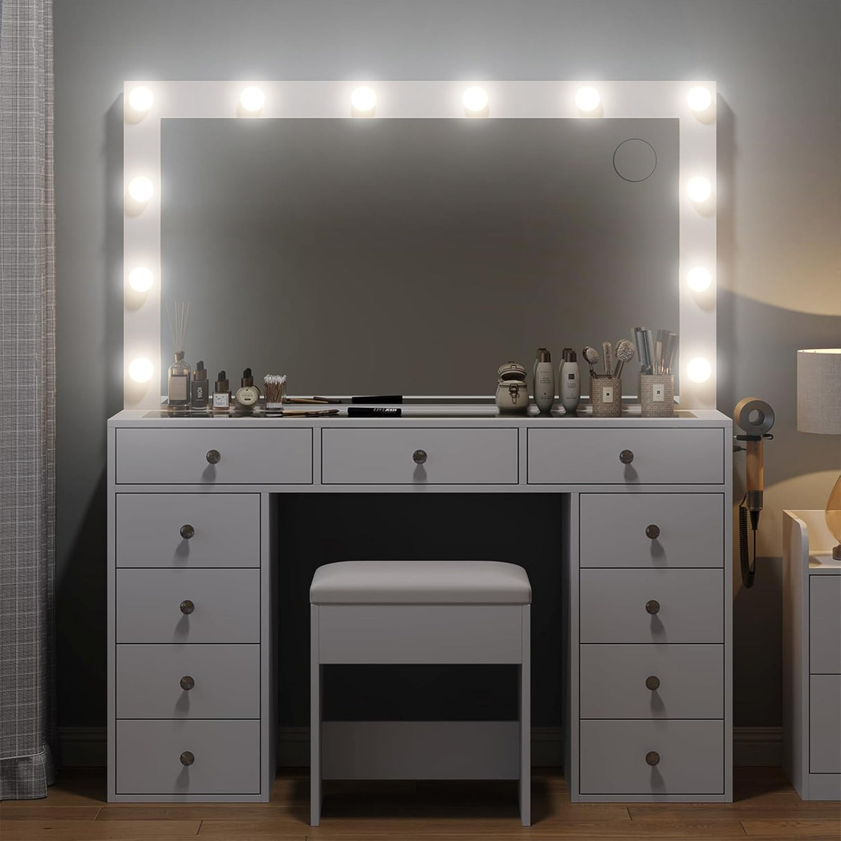 White Vanity Desk with Illuminated Mirror & Power Outlet, 11 Drawers Vanity Table with Chair, Makeup Vanity with 12 LED Lights, Tempered Glass Top, Dressing Table for Bedroom,Dressing Room CollaredEagle