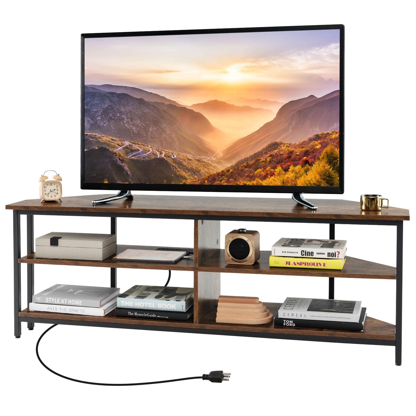 Tangkula Corner TV Stand for TVs up to 65”, TV Console Table w/AC Outlets, USB A Ports, USB C Port, Metal Frame & Storage Shelves, 55” Media Entertainment Center for Living Room (Rustic Brown - WoodArtSupply