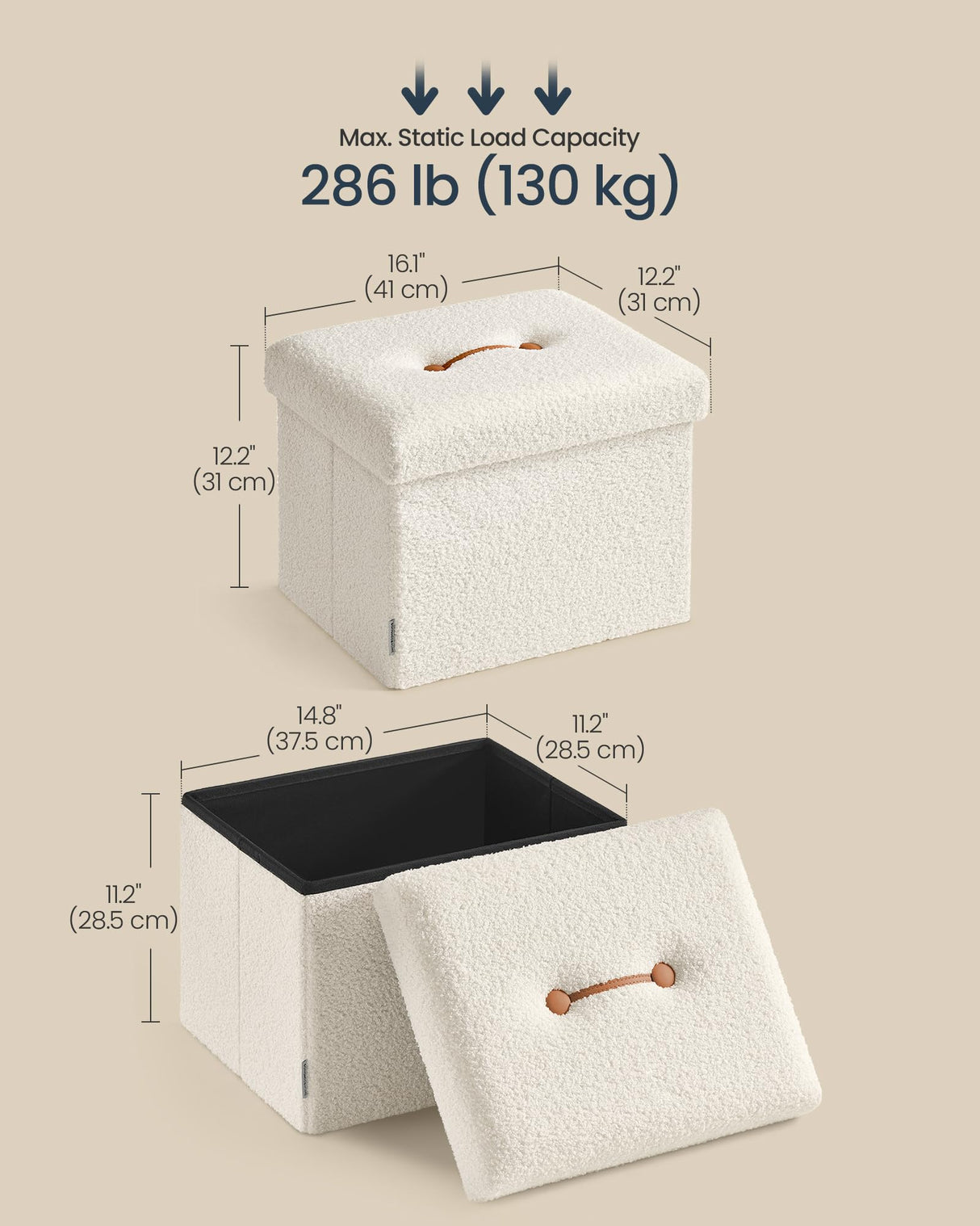 SONGMICS HOME Small Folding Storage Ottoman, Foot Rest Stool, 12.2 x 16.1 x 12.2 Inches, Ottoman with Storage, Load up to 286 lb, for Living Room, Bedroom, Dorm, Cream White ULSF094W01 SONGMICS HOME