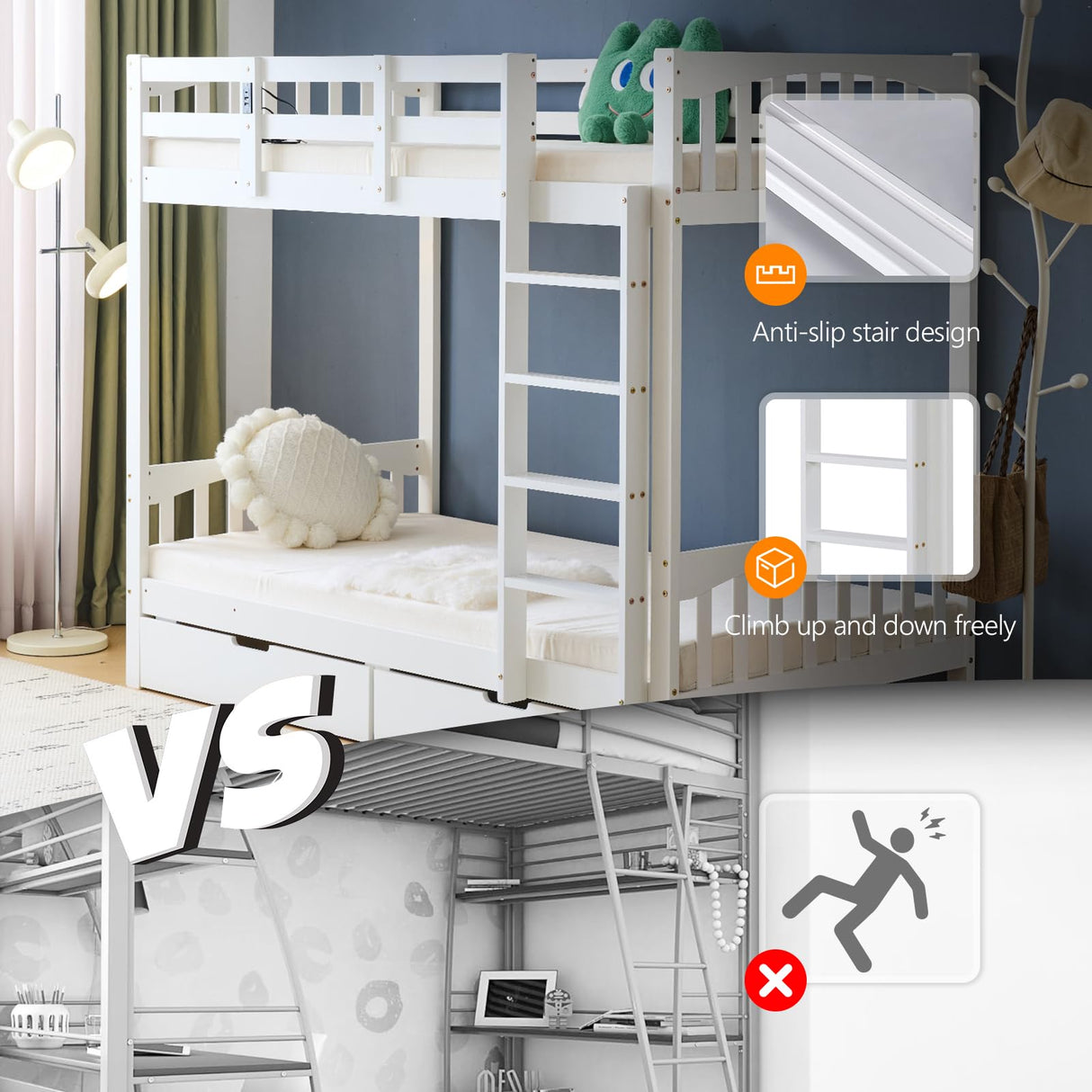 VINGLI Bunk Bed Twin Over Twin with 2 Storage Drawers/RGB LED/Charging Station, Convertible Solid Wood Bunk Bed Frame with Ladders, White VINGLI