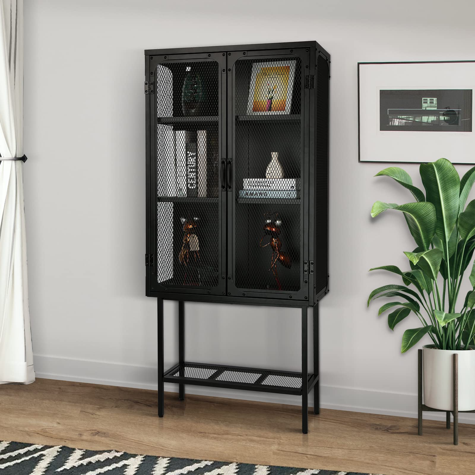 Thirtdos Industrial Cabinet Cupboard, Steel Display Cabinets with Adjustable Shelves, 2 Metal Mesh Doors, Dust-Free Tall Storage Cabinet, Kitchen Credenza Sideboard - WoodArtSupply