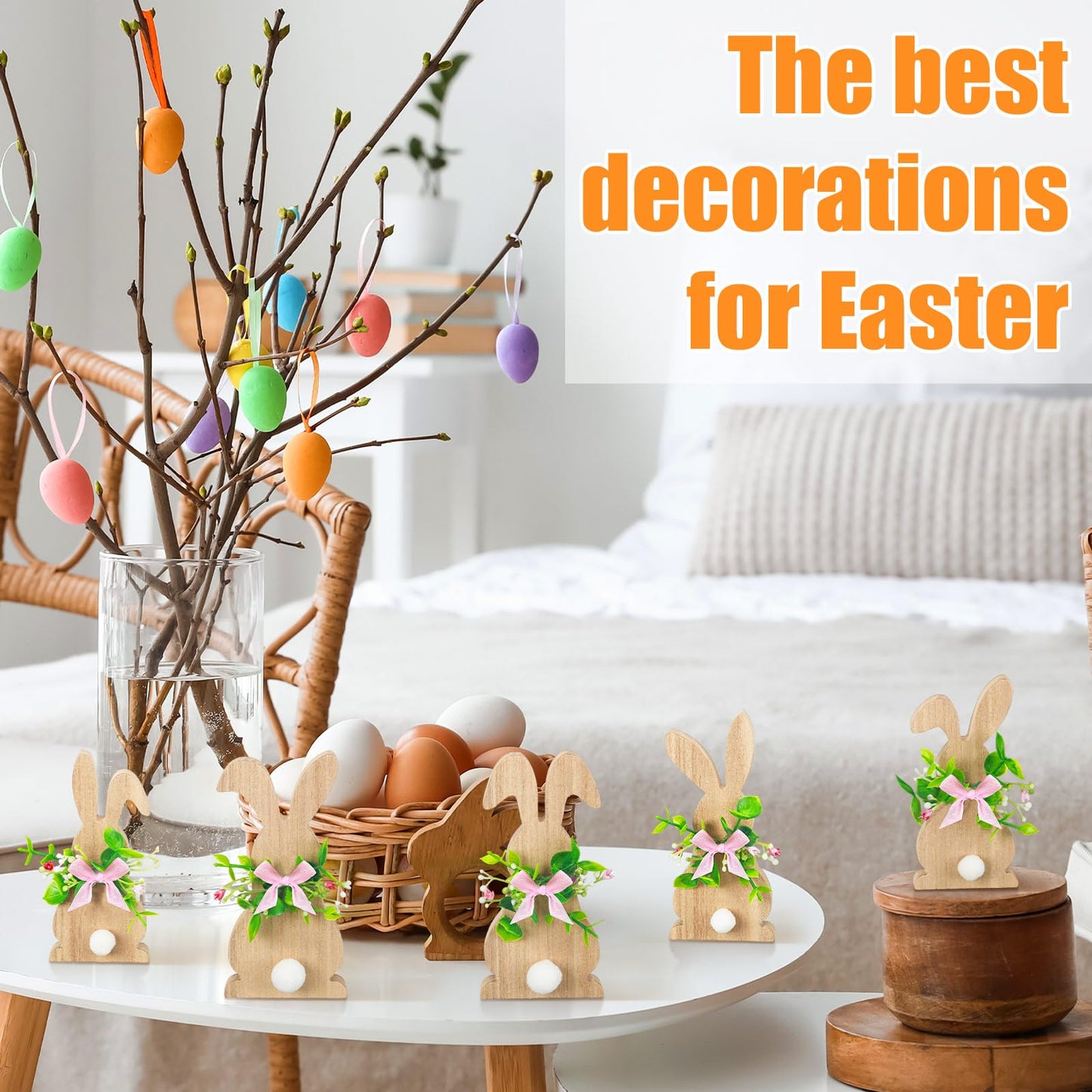 GlikCeil 5 Pcs Easter Bunny Wood Decor Easter Bunny Signs Wooden Easter Decorations Spring Rustic Wood Centerpieces Farmhouse Tabletop Wooden Rabbit Statue with Flower and Bow for Home Easter Gifts