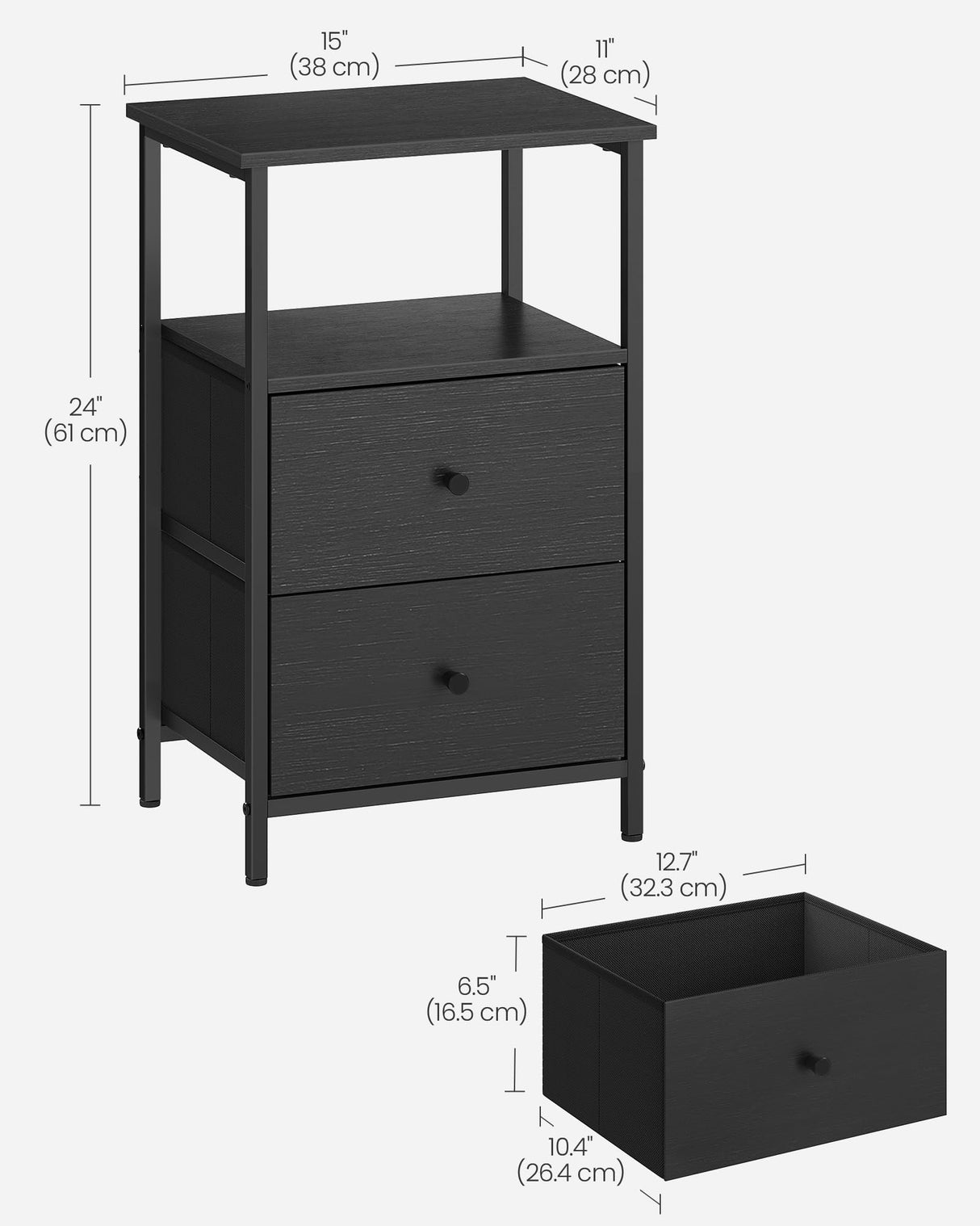 VASAGLE Nightstand Set of 2, Side Tables with 2 Fabric Drawers, 24-Inch Tall End Tables with Storage Shelf, Bedroom, Ash Black and Black ULGS225B21 VASAGLE