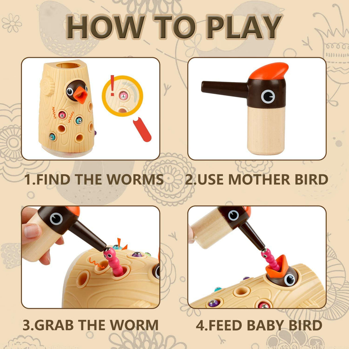 TOP BRIGHT Montessori Toys for 2 Year Old Girl and Boy, Fine Motor Skills Toddler Toys Age 2-4, Woodpecker Worm Toy Magnetic Bird Feeding Game TOP BRIGHT