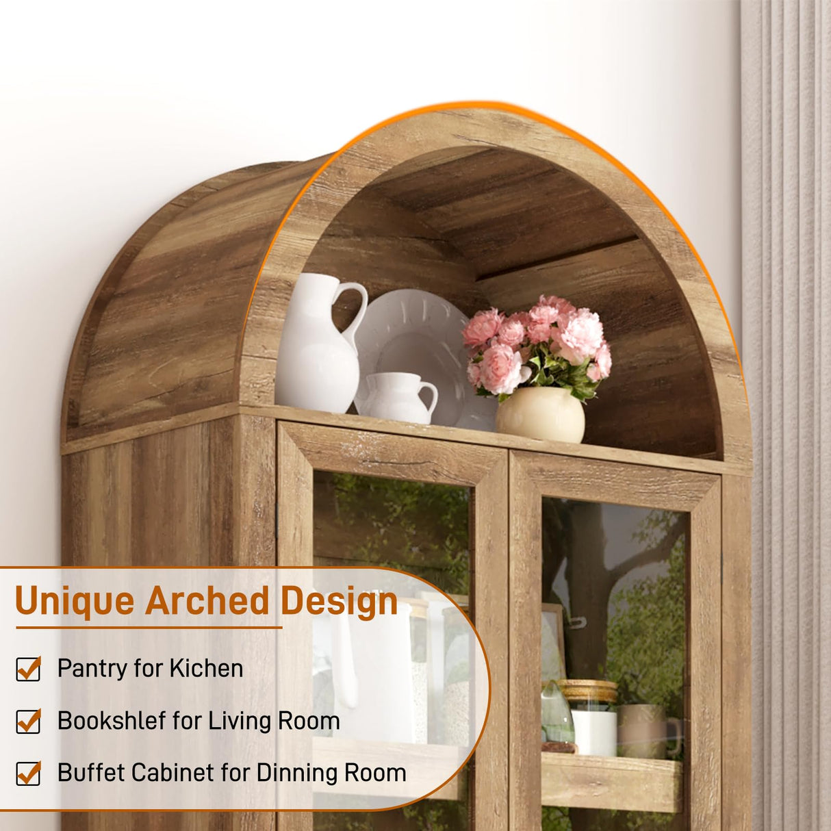 75" Tall Arched Kitchen Pantry Cabinet w Load-Bearing Steel Pipe,Modern Farmhouse Kitchens Storage Cabinet with Drawer and Glass Doors,Tall Arched Bookcase,Pantry Organizer for Living Room(Natural) chartustriable