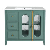 LUMISOL 36 Inch Bathroom Vanity with Sink, Free Standing Bathroom Sink Cabinet with 3 Drawers, 2 Glass Door & Side Storage, Vintage Bathroom Vanities with Ceramic Sink, Solid Wood Frame, Green LUMISOL