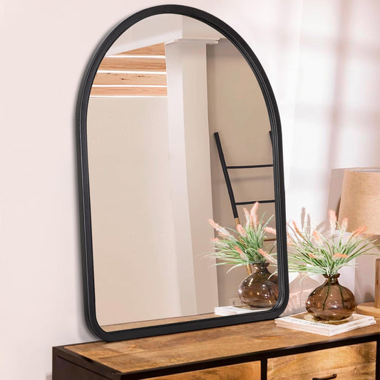 HLFMVWE Arched Mirrors for Wall 20"x16" Black Rustic Wood Framed Vintage Mirror Decorative Farmhouse Living Room Bedroom Bathroom Hanging Mirror Wall Decor Large - WoodArtSupply