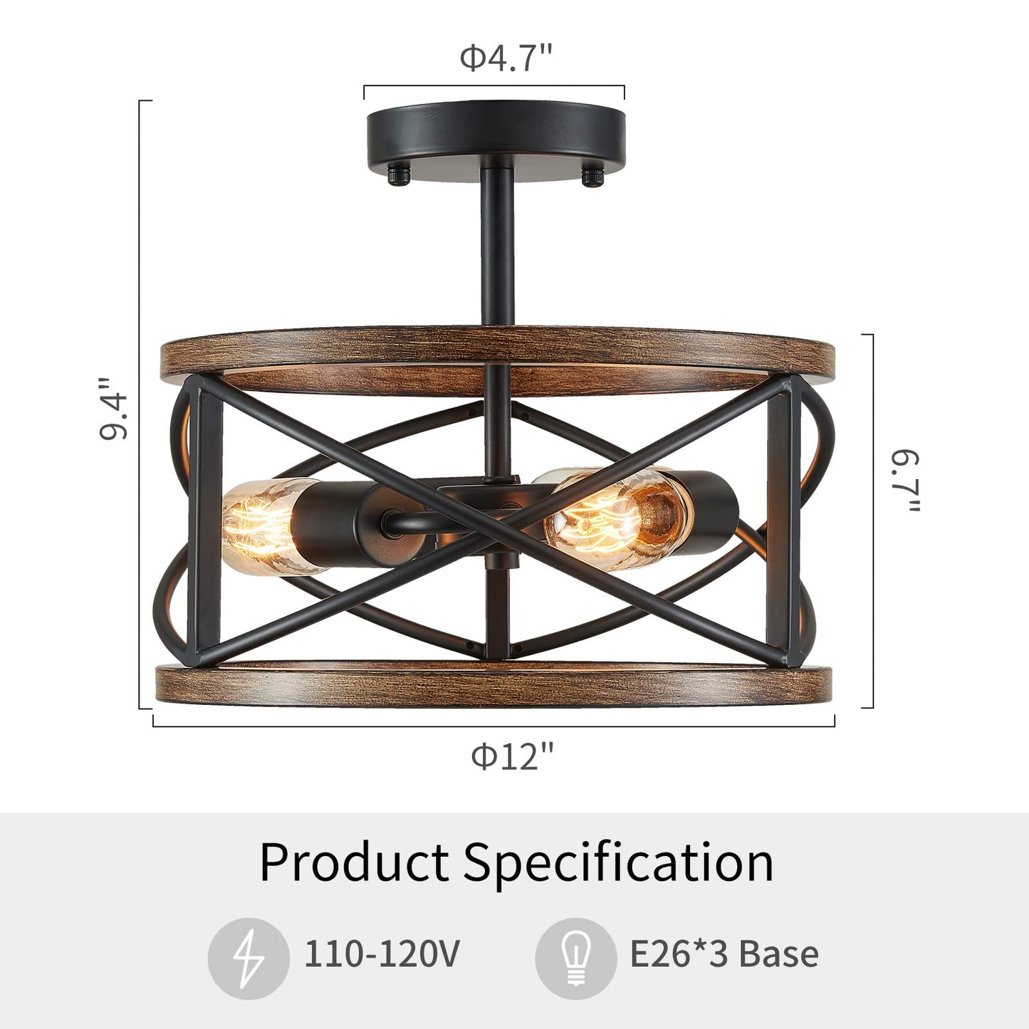 WUZUPS Chandelier 3-Light Imitation Wood Grain Vintage Farmhouse Industrial Semi-Flushmount Ceiling Light Lighting Fixture for Foyer Hallway Storage Room Kitchen Bathroom, H 9.4" W 12", Black