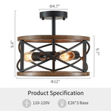 WUZUPS Chandelier 3-Light Imitation Wood Grain Vintage Farmhouse Industrial Semi-Flushmount Ceiling Light Lighting Fixture for Foyer Hallway Storage Room Kitchen Bathroom, H 9.4" W 12", Black WUZUPS