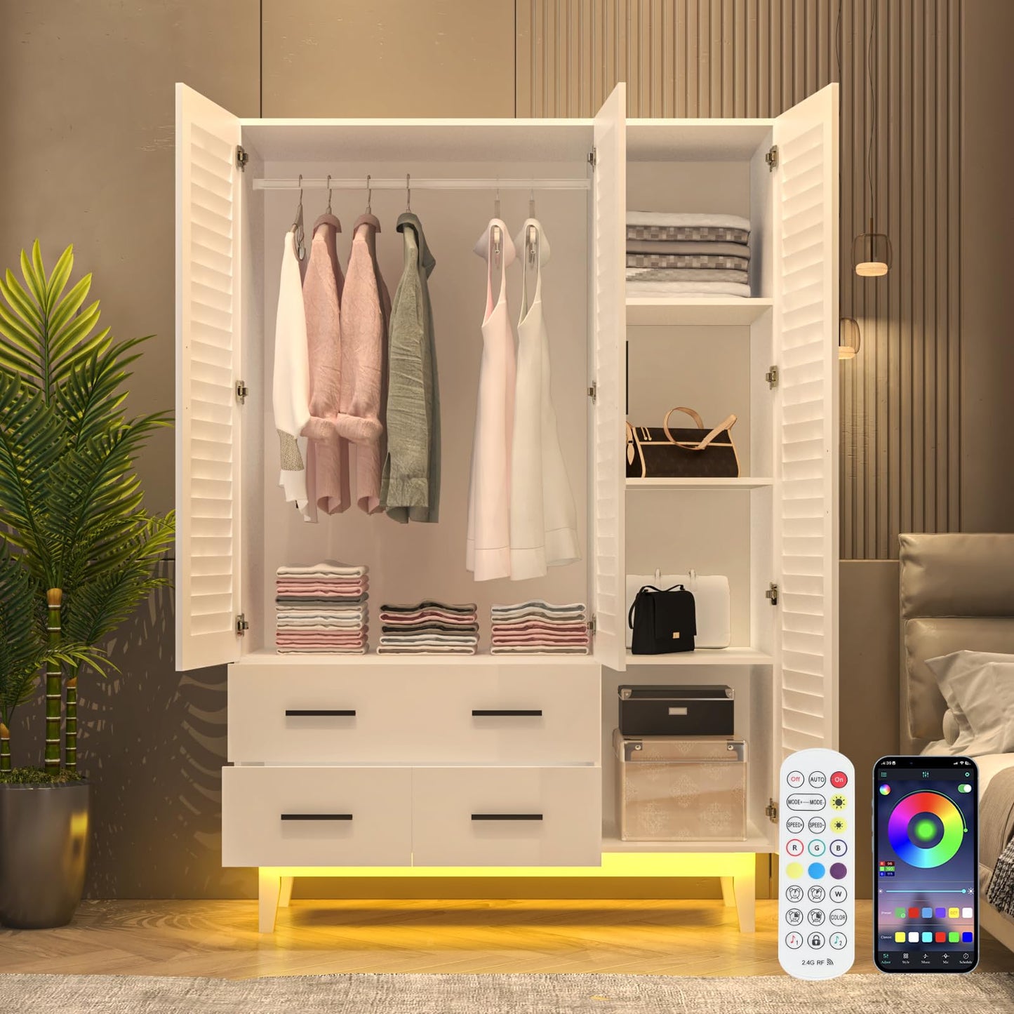 Hlivelood 3 Door Armoire Wardrobe Closet Cabinet with Drawers and LED Lights, Multi-Tier Shelves, Hanging Rod & 3 Louver Doors, Large Capacity Storage Wardrobe Armoire for Bedroom, White - WoodArtSupply