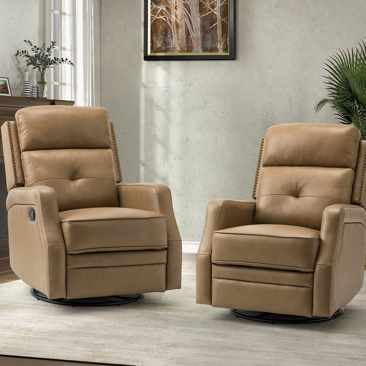 HULALA HOME Genuine Leather Swivel Rocker Recliners Set of 2 with Adju ...