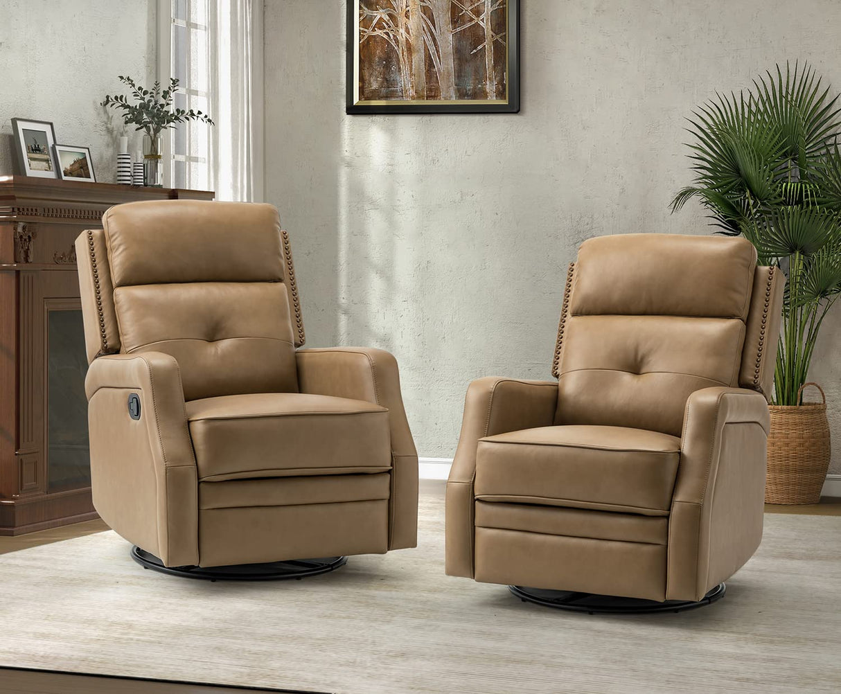 HULALA HOME Genuine Leather Swivel Rocker Recliners Set of 2 with Adjustable Backrest & Footrest, Manual Glider Recliners with 360° Swivel Base, Home Theater Sofa Chairs for Living Room, Taupe HULALA HOME