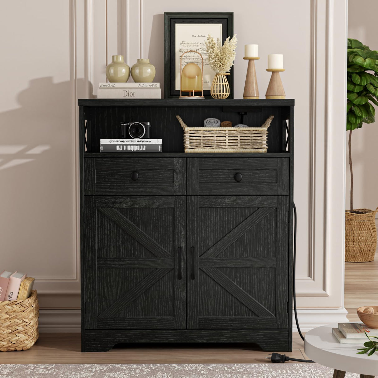 31.5" Black Storage Cabinet with Drawers & Shelf, Farmhouse Sideboard Buffet Cabinet with Storage, Kitchen Pantry Hutch Cabinet, Coffee Bar Cabinet Station Table for Kitchen, Livingroom, Dining Room FiveWillowise