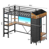 VIAGDO Loft Bed Twin Size with Hall Tree, Charging Station and LED Lights, Metal Loft Bed with L-Shaped Desk, 5 Storage Drawers, Heavy Duty Twin Size Bed with Stairs, No Box Spring Needed, Black VIAGDO