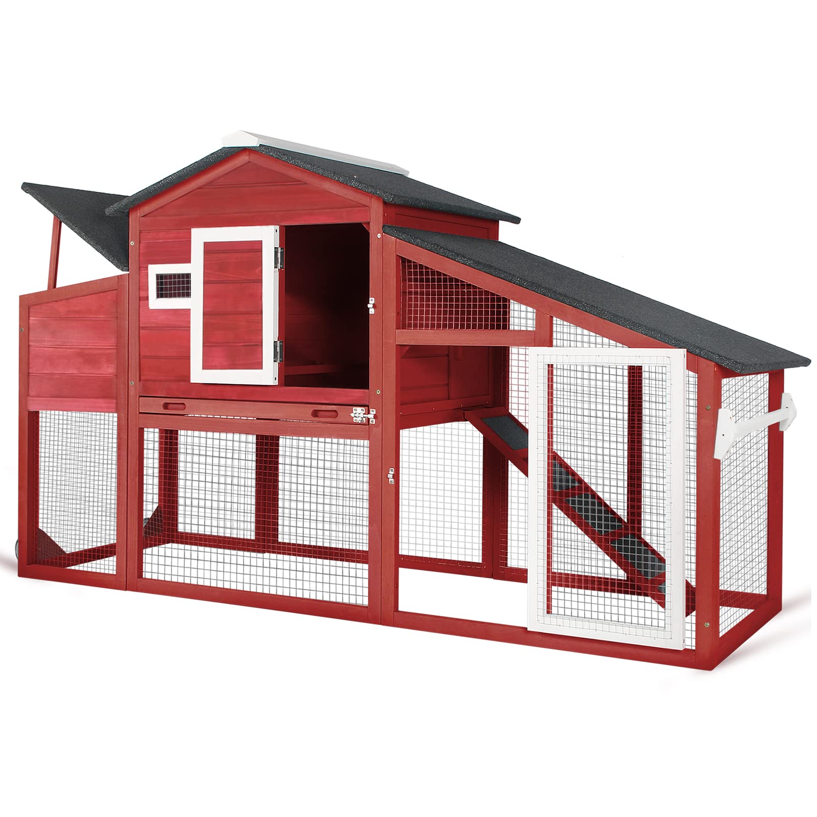 PetsCosset Chicken Coop Wooden Backyard Hen House - Indoor Outdoor for 2-3 Chickens, 2 Story Poultry Cage with Run, Chicken Nesting Box, Pull Out Trays and Anti-Slip Asphalt Ramp - WoodArtSupply