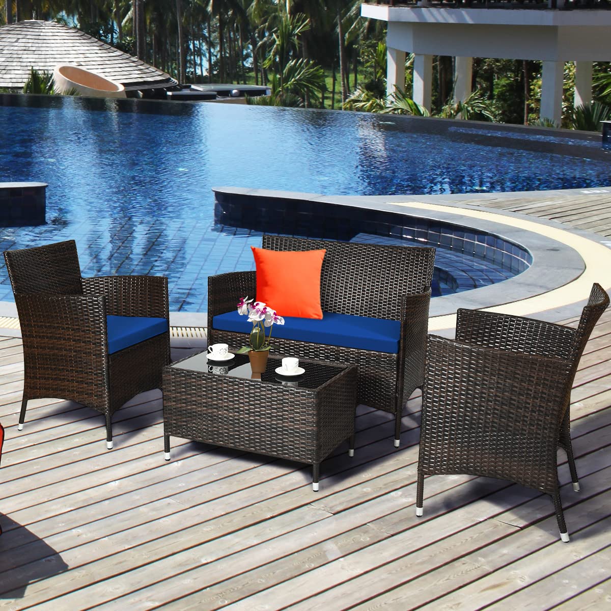 Goplus 4-Piece Rattan Patio Set, Outdoor/Indoor Wicker Conversation Set for Pool, Backyard, Lawn, Wicker Chairs and Sofa with Soft Cushion, Rattan Furniture with Tempered Glass Coffee Table Goplus