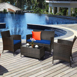 Goplus 4-Piece Rattan Patio Set, Outdoor/Indoor Wicker Conversation Set for Pool, Backyard, Lawn, Wicker Chairs and Sofa with Soft Cushion, Rattan Furniture with Tempered Glass Coffee Table Goplus