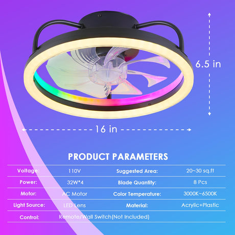 Ceiling Fans with Lights - Modern Flush Mount Ceiling Fan,16" RGB Dimmable LED Enclosed Ceiling Fans,Low Profile Bladeless LED-RGB Ambient Light for Bedroom Kids Room Party（Black） Mpayel