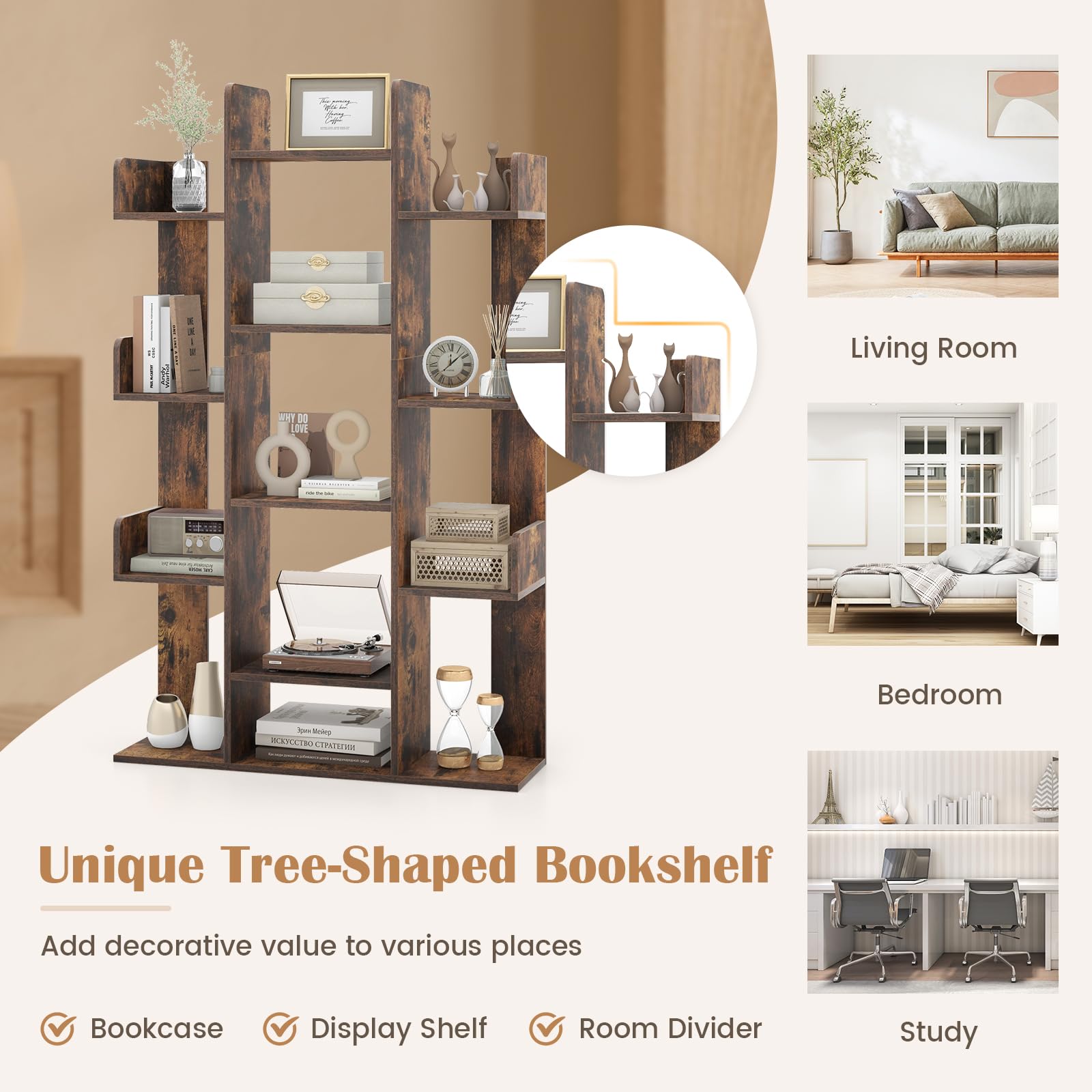 Giantex Rustic Brown 7-Cube Tree Bookshelf with 13 Open Shelves - Stylish Corner Storage Organizer for Living Room and Study - WoodArtSupply