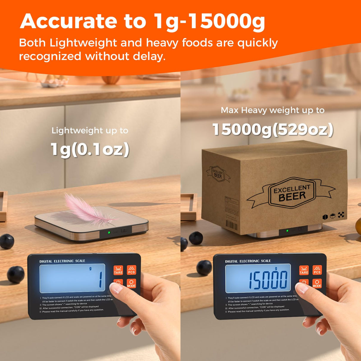 Food Scale with Split Wireless LCD Display, 33lb Digital Kitchen Scale with 7 Units Tare Function, 0.1oz High Accurate Smart Cooking Scale for Baking/Cooking/Meal Prep/Milk/Dieting TRUDIN