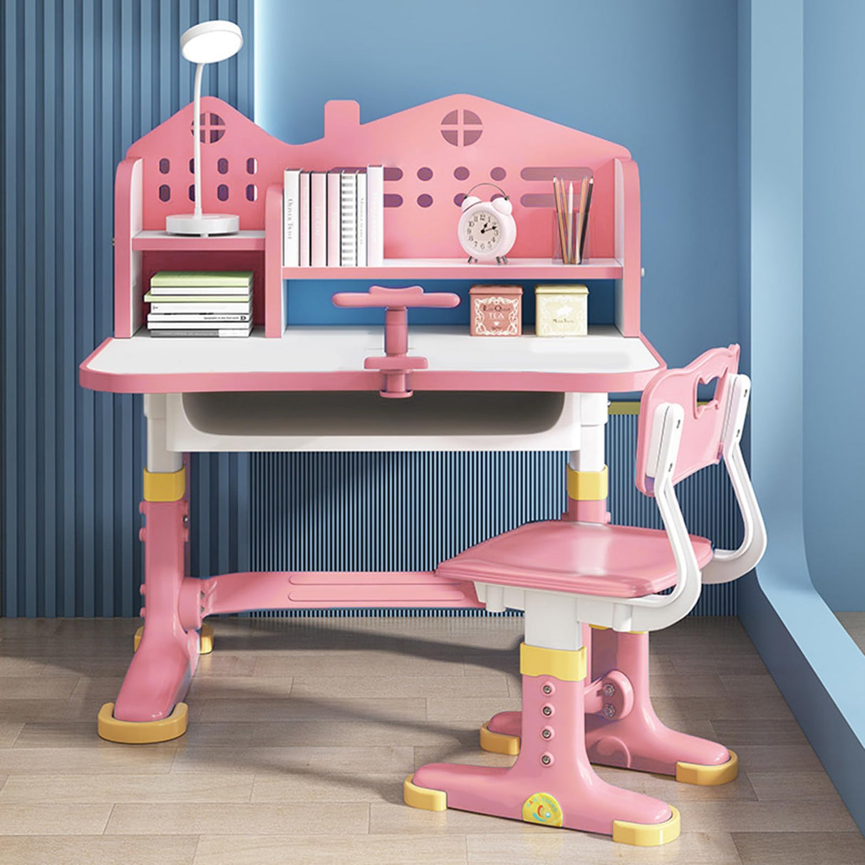 ZTGD Kids Adjustable Study Desk & Chair Set w/Storage,Drawers,Bookshelf,Child Toddler Writing Homework Table,Little Girl Work Computer Desk,Princess Preschool Desk,Escritorio Mesas para Niña (Pink A) ZTGD