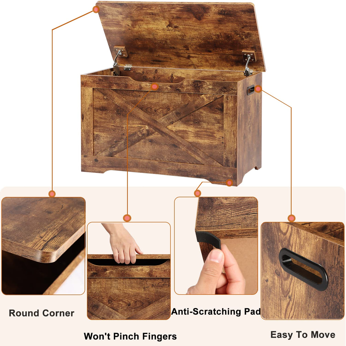 Timberer Storage Chest, Wooden Storage Bench, Entryway Shoes Bench with 2 Safety Hinges, Retro Storage Trunk for Living Room, Bedroom, 15.7 x 31.5 x 18.9 Inches, Rustic Brown Timberer