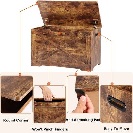 Timberer Storage Chest, Wooden Storage Bench, Entryway Shoes Bench with 2 Safety Hinges, Retro Storage Trunk for Living Room, Bedroom, 15.7 x 31.5 x 18.9 Inches, Rustic Brown Timberer