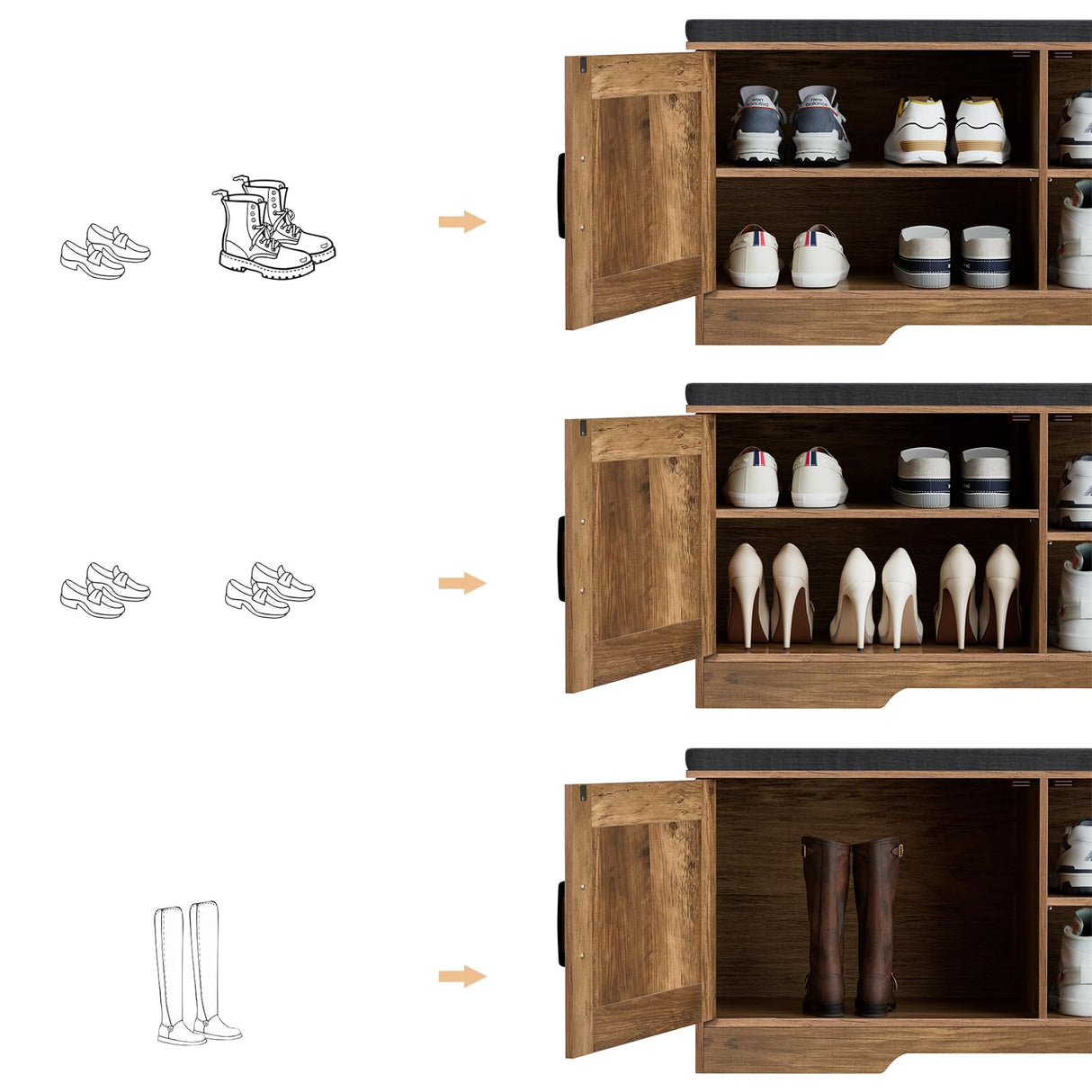 HOMSHO 2-Tier Storage Bench, Shoe Bench with Padded Seat Cushion, Entryway Bench with 2 Barn Doors, Adjustable Shelf, 13.8" D x 39.4" W x 17.7" H, for Entryway, Living Room, Bedroom, Rustic Walnut HOMSHO