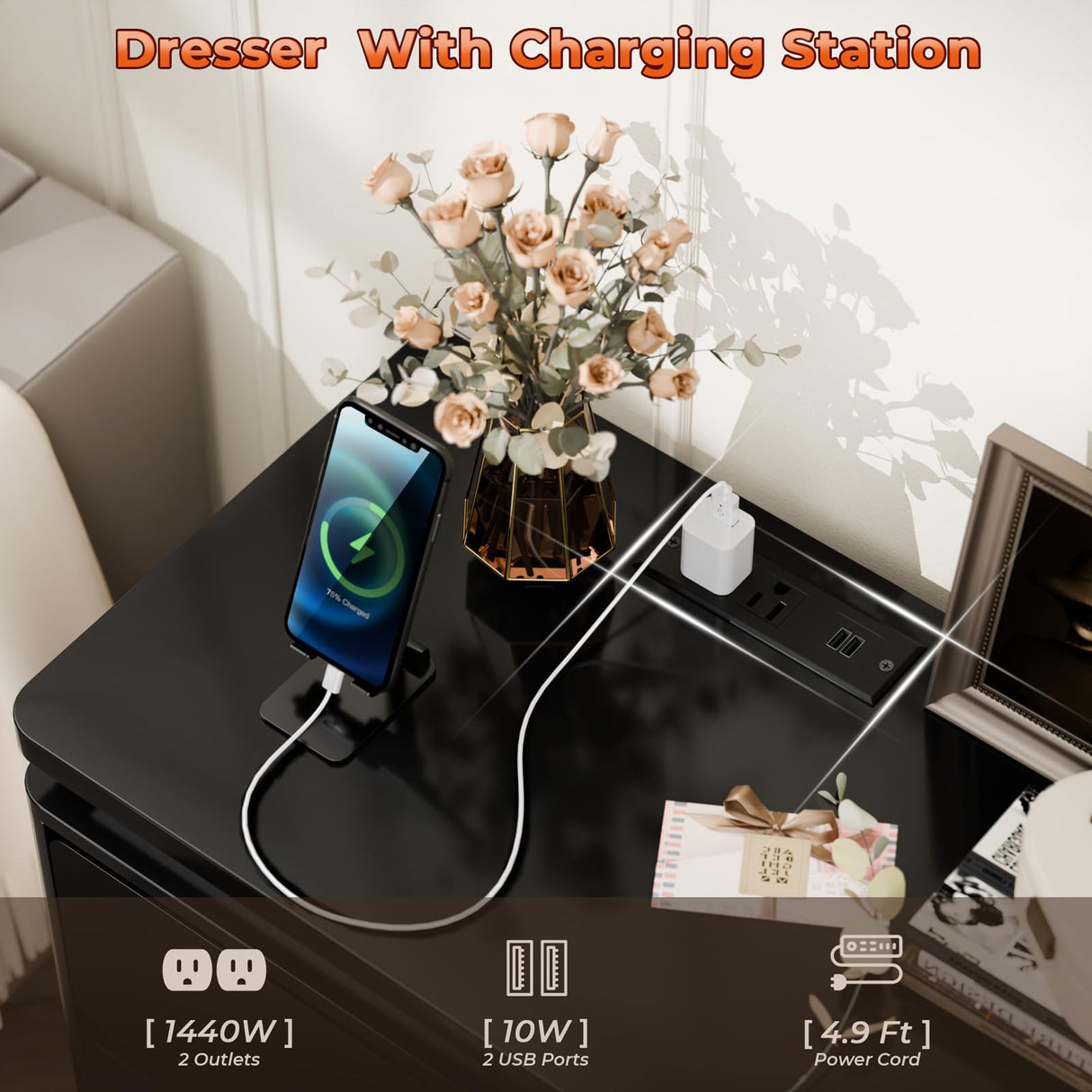 Upgraded 6 Drawer Black Dresser for Bedroom, 47.2" Long Chest of Drawers with Charging Station & LED Lights, Wooden Storage Cabinet Dresser for Closet,Modern TV Stand with Deep Drawers Loomie