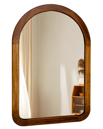 Arched Mirror 22 x 30 Inch,Brown Wood Rustic Bathroom Tempered Wall Mirror with Wood Frame,Round Corner Arch Farmhouse Wooden Vanity Mirror for Living Room,Entryway or Bedroom（Walnut Brown）